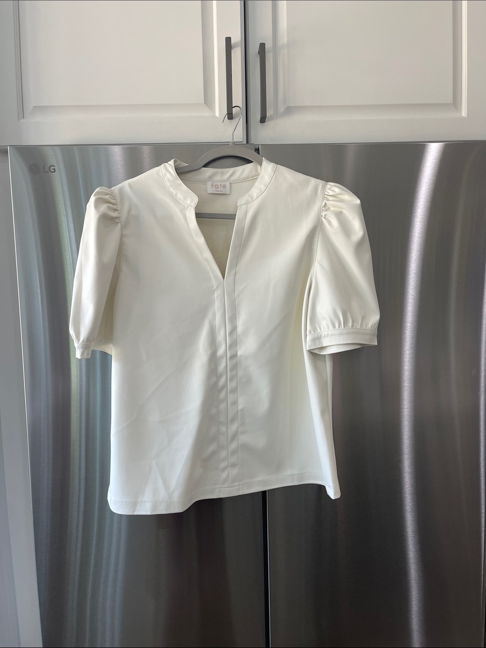 Fate Ivory Puff-Sleeve Split-Neck Faux Leather Blouse